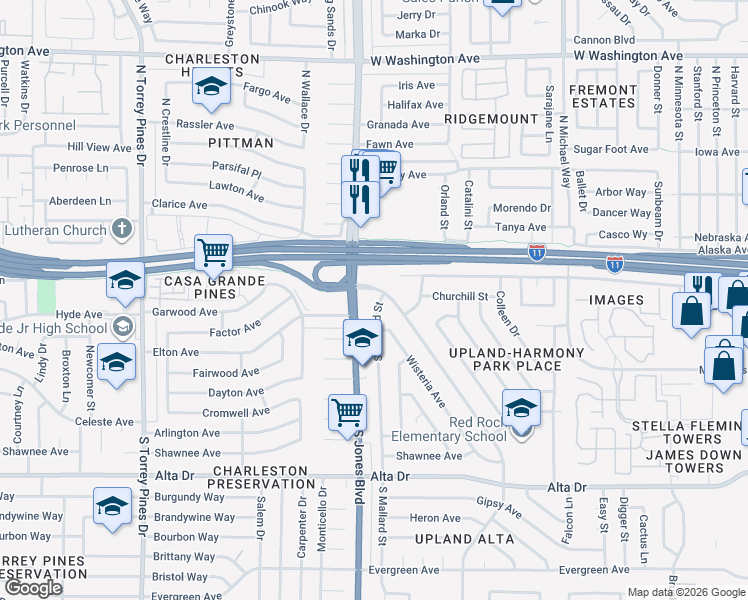 map of restaurants, bars, coffee shops, grocery stores, and more near 103 South Mallard Street in Las Vegas