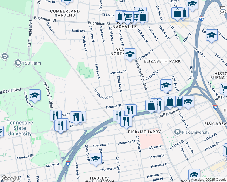 map of restaurants, bars, coffee shops, grocery stores, and more near 1500 23rd Avenue North in Nashville