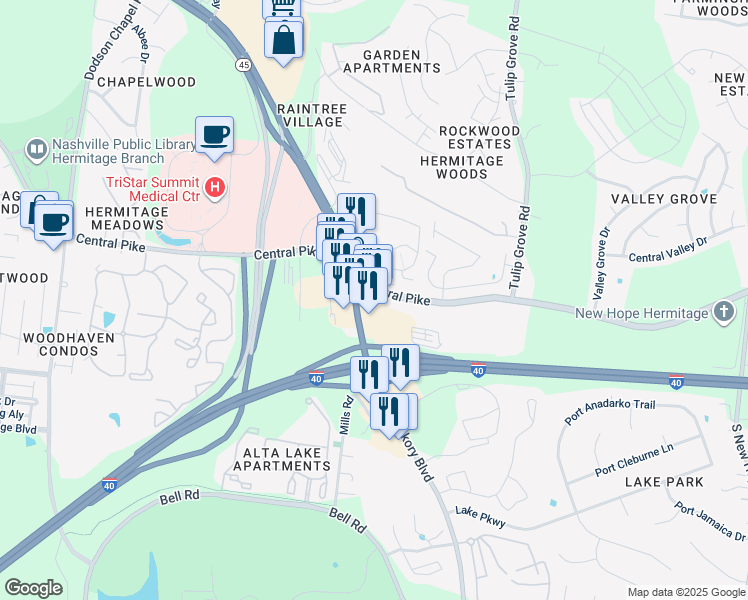 map of restaurants, bars, coffee shops, grocery stores, and more near 5760 Old Hickory Boulevard in Nashville