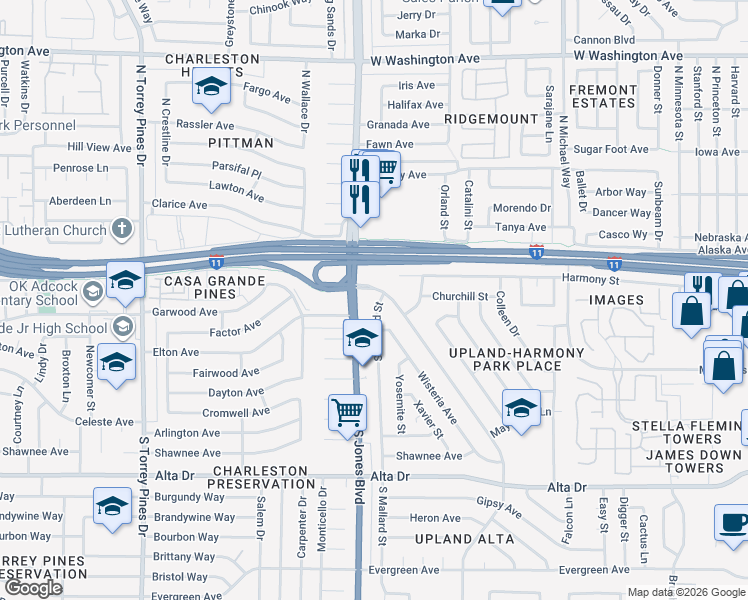 map of restaurants, bars, coffee shops, grocery stores, and more near 201 Upland Boulevard in Las Vegas