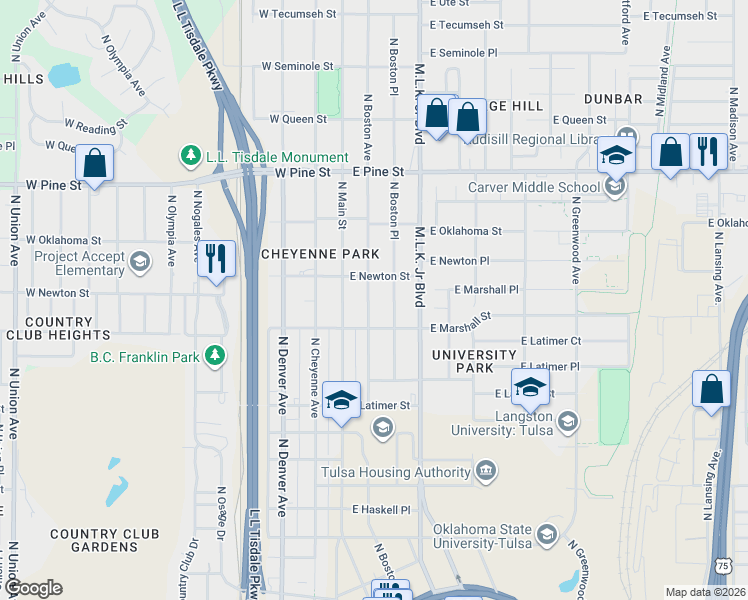 map of restaurants, bars, coffee shops, grocery stores, and more near 1227 North Boston Avenue in Tulsa