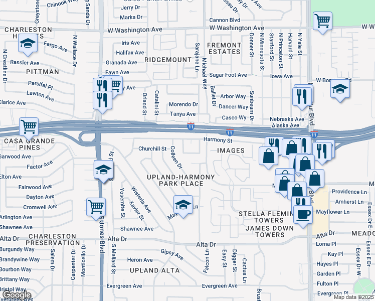 map of restaurants, bars, coffee shops, grocery stores, and more near 5436 Michelleanne Road in Las Vegas