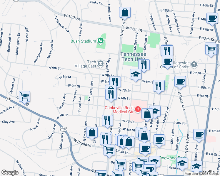 map of restaurants, bars, coffee shops, grocery stores, and more near 133 Charlotte Drive in Cookeville