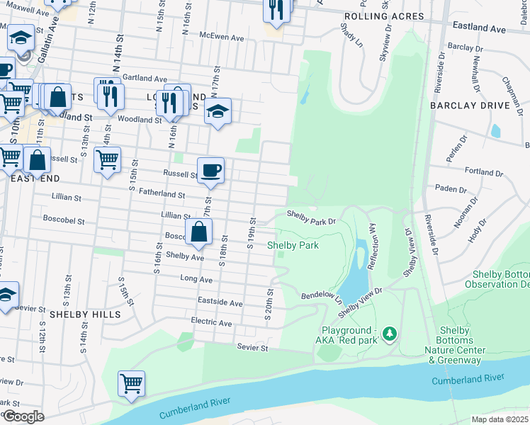 map of restaurants, bars, coffee shops, grocery stores, and more near 1910 Fatherland Street in Nashville