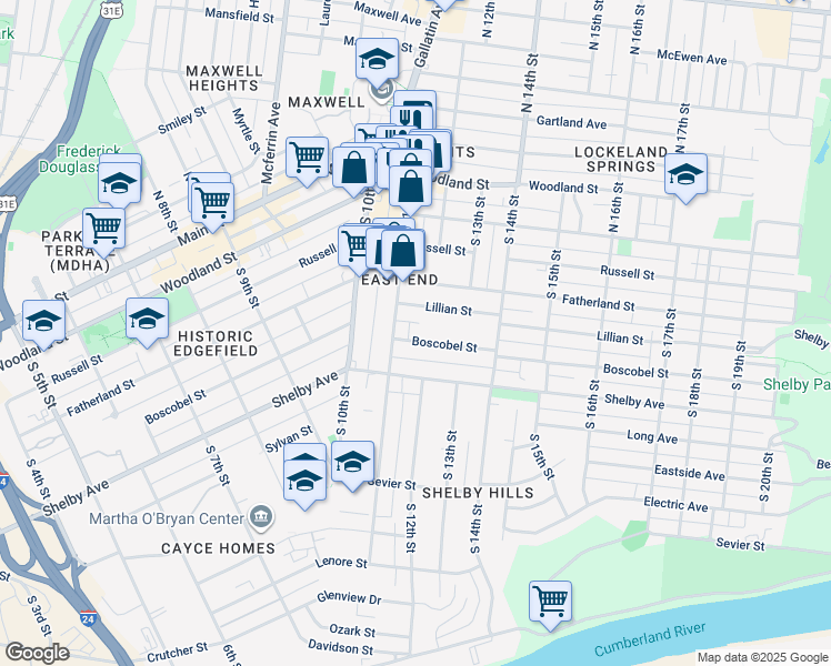 map of restaurants, bars, coffee shops, grocery stores, and more near 1109C Boscobel Street in Nashville