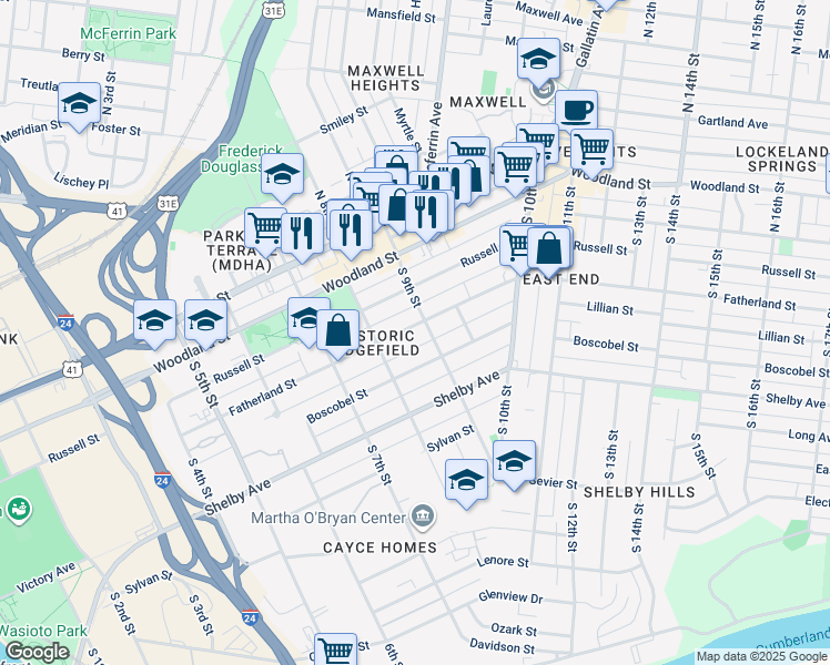 map of restaurants, bars, coffee shops, grocery stores, and more near 822 Fatherland Street in Nashville