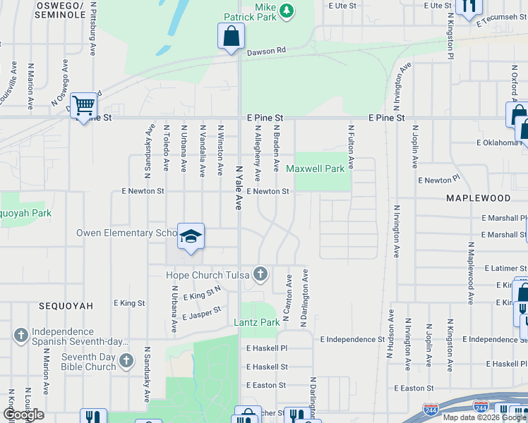 map of restaurants, bars, coffee shops, grocery stores, and more near 1238 North Braden Avenue in Tulsa