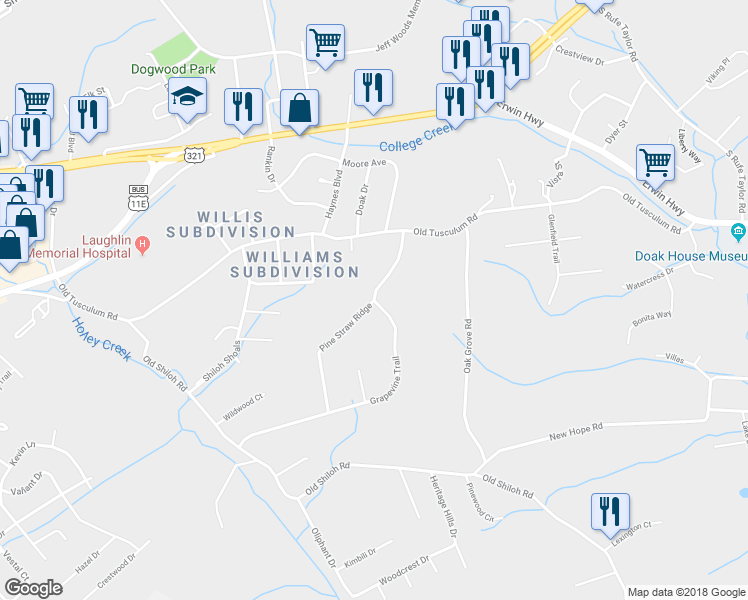 map of restaurants, bars, coffee shops, grocery stores, and more near 334 Grapevine Trail in Greeneville