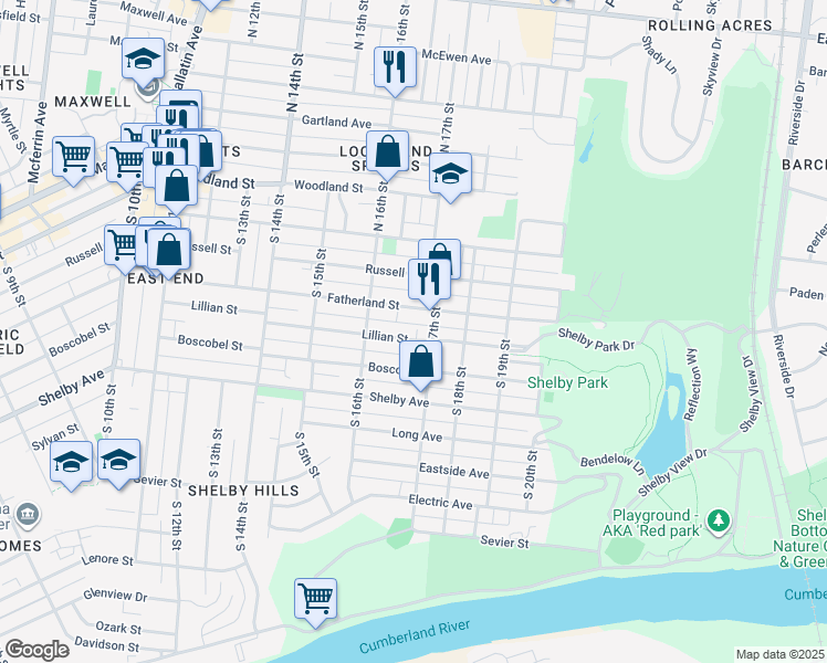 map of restaurants, bars, coffee shops, grocery stores, and more near 1621 Lillian Street in Nashville