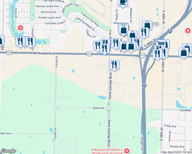 map of restaurants, bars, coffee shops, grocery stores, and more near 1550 Gene George Boulevard in Springdale