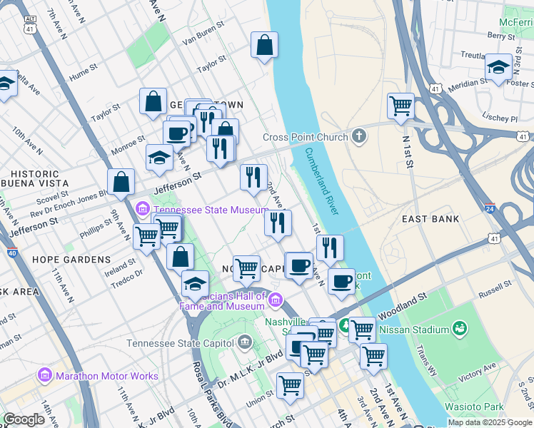 map of restaurants, bars, coffee shops, grocery stores, and more near 210 Stockyard Street in Nashville