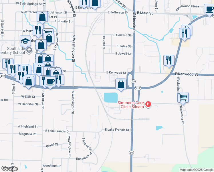 map of restaurants, bars, coffee shops, grocery stores, and more near 1150 U.S. 412 in Siloam Springs