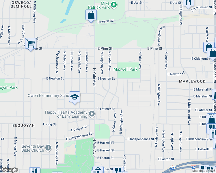 map of restaurants, bars, coffee shops, grocery stores, and more near 1238 North Braden Avenue in Tulsa