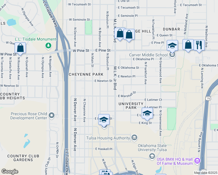 map of restaurants, bars, coffee shops, grocery stores, and more near 1227 North Boston Place in Tulsa