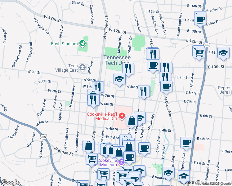 map of restaurants, bars, coffee shops, grocery stores, and more near Armstrong Avenue in Cookeville