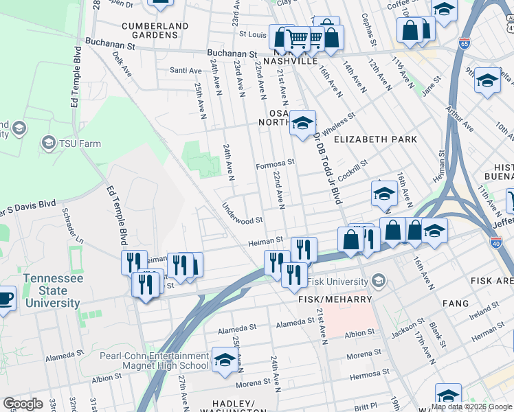 map of restaurants, bars, coffee shops, grocery stores, and more near 1500 23rd Avenue North in Nashville