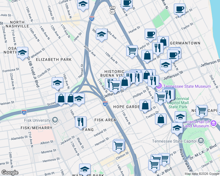 map of restaurants, bars, coffee shops, grocery stores, and more near 1037 Scovel Street in Nashville