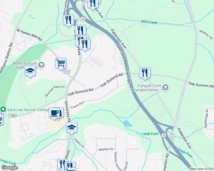 map of restaurants, bars, coffee shops, grocery stores, and more near 160 Oak Summit Road in Winston-Salem