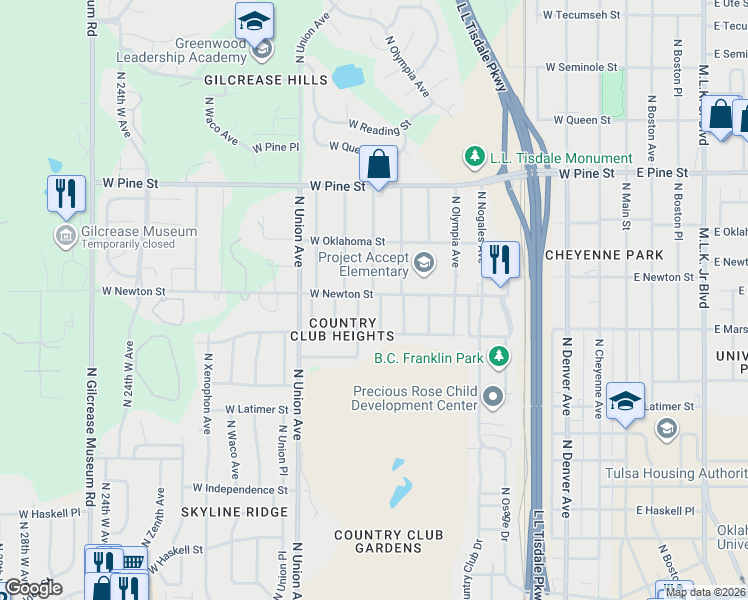 map of restaurants, bars, coffee shops, grocery stores, and more near 1234 North Rosedale Avenue in Tulsa