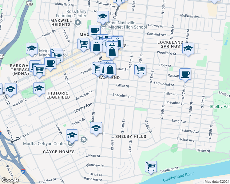 map of restaurants, bars, coffee shops, grocery stores, and more near 1109C Boscobel Street in Nashville