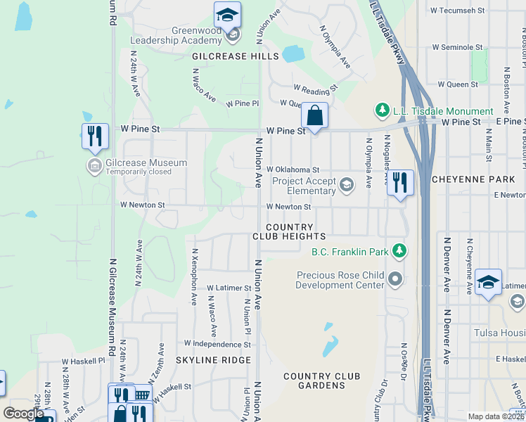 map of restaurants, bars, coffee shops, grocery stores, and more near 1232 North Tacoma Place in Tulsa
