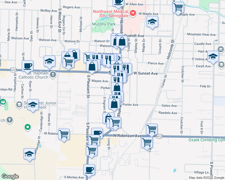map of restaurants, bars, coffee shops, grocery stores, and more near 915 Parker Avenue in Springdale