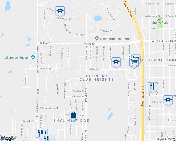 map of restaurants, bars, coffee shops, grocery stores, and more near 1232 North Tacoma Place in Tulsa