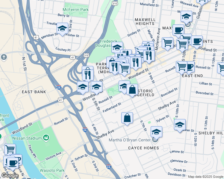 map of restaurants, bars, coffee shops, grocery stores, and more near 600 Woodland Street in Nashville