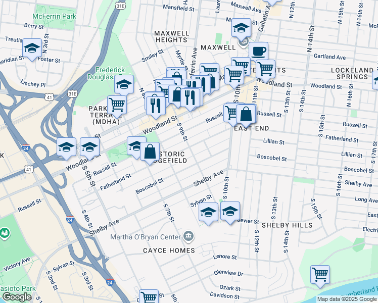 map of restaurants, bars, coffee shops, grocery stores, and more near 822 Fatherland Street in Nashville