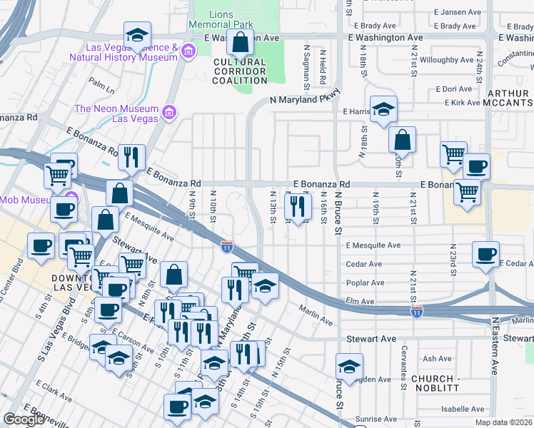 map of restaurants, bars, coffee shops, grocery stores, and more near 441 North 13th Street in Las Vegas