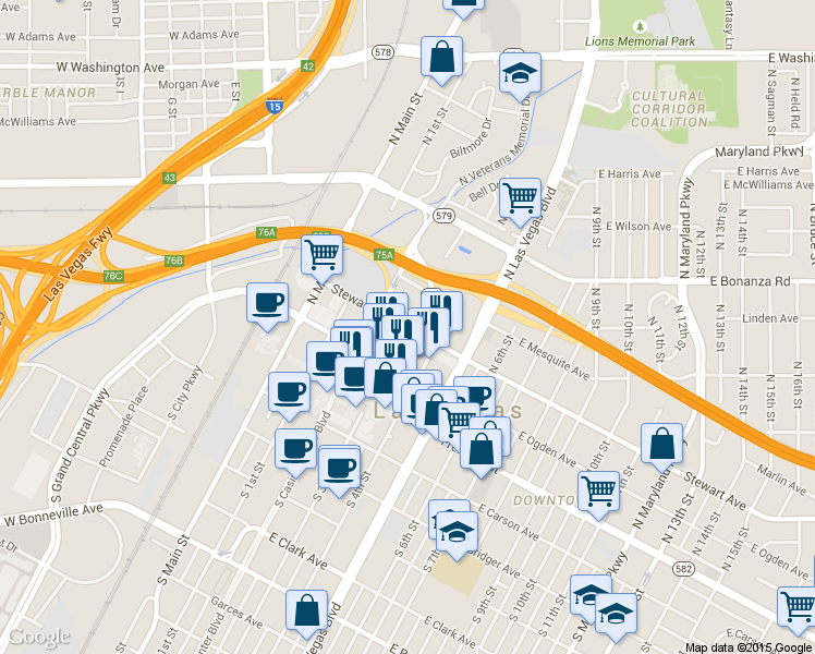 map of restaurants, bars, coffee shops, grocery stores, and more near 301 Stewart Avenue in Las Vegas