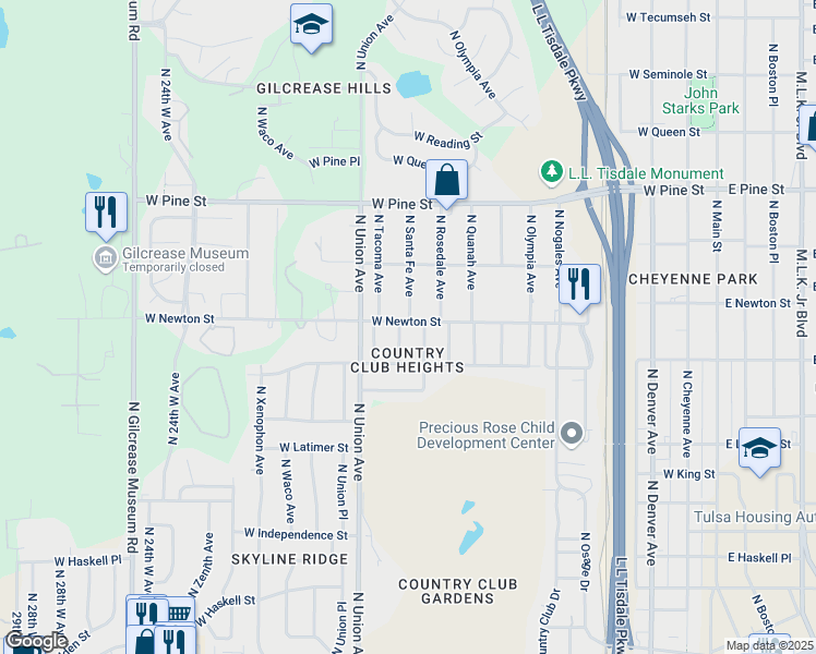 map of restaurants, bars, coffee shops, grocery stores, and more near 1233 North Tacoma Avenue in Tulsa