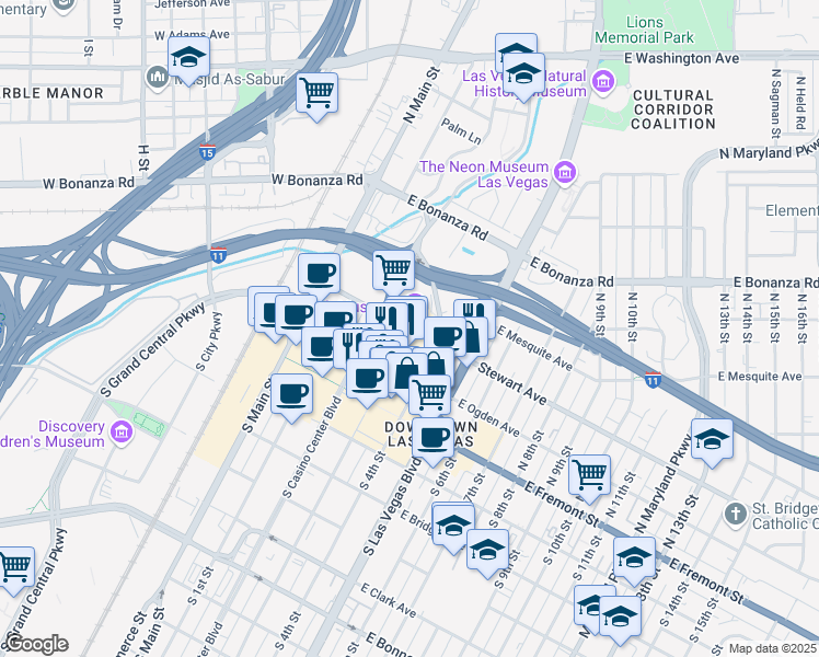 map of restaurants, bars, coffee shops, grocery stores, and more near 301 Stewart Avenue in Las Vegas