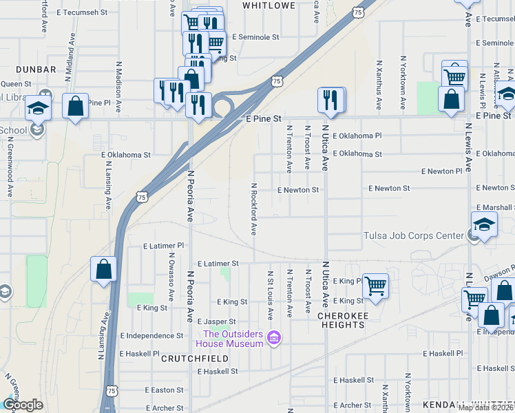 map of restaurants, bars, coffee shops, grocery stores, and more near 1209 North Rockford Avenue in Tulsa