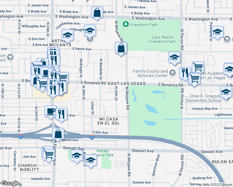 map of restaurants, bars, coffee shops, grocery stores, and more near 551 North 30th Street in Las Vegas