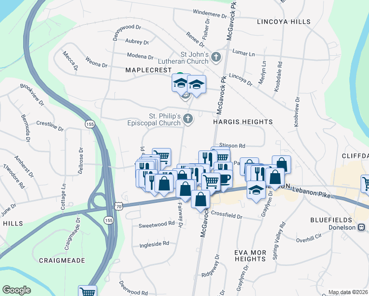 map of restaurants, bars, coffee shops, grocery stores, and more near 103 Fairway Drive in Nashville