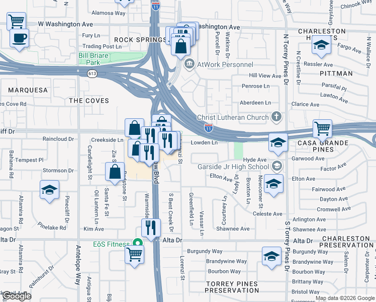map of restaurants, bars, coffee shops, grocery stores, and more near 120 Foxdale Way in Las Vegas