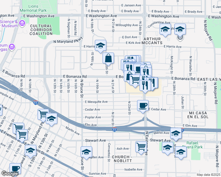 map of restaurants, bars, coffee shops, grocery stores, and more near 2016 Linden Avenue in Las Vegas