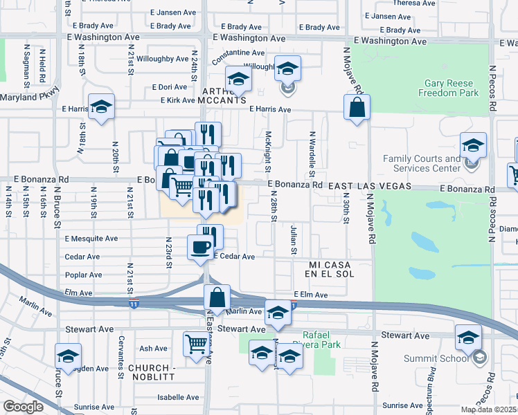 map of restaurants, bars, coffee shops, grocery stores, and more near 116 Maydelle Place in Las Vegas