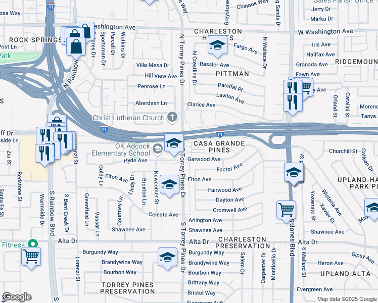 map of restaurants, bars, coffee shops, grocery stores, and more near 100 South Crestline Drive in Las Vegas