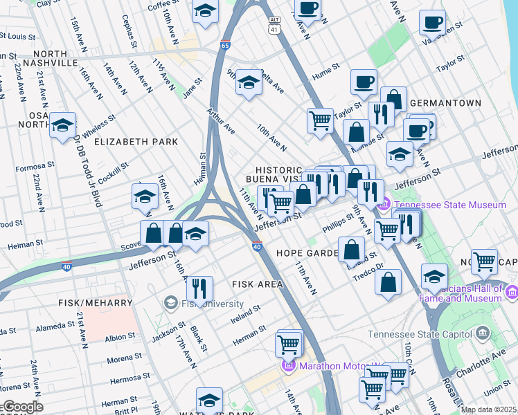map of restaurants, bars, coffee shops, grocery stores, and more near 1037 Scovel Street in Nashville
