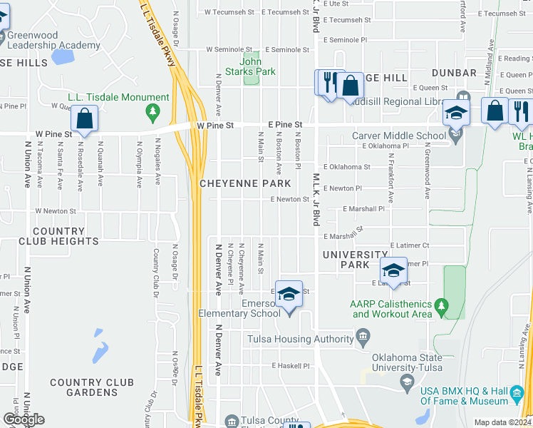 map of restaurants, bars, coffee shops, grocery stores, and more near 1228 North Main Street in Tulsa