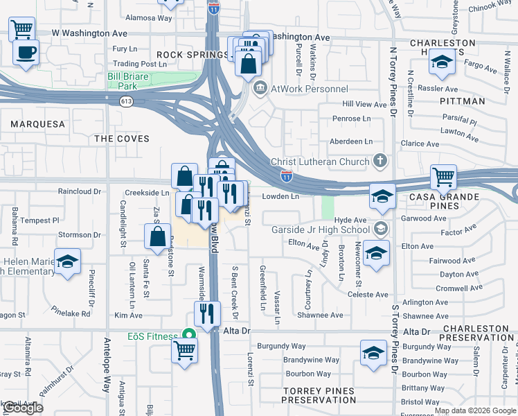 map of restaurants, bars, coffee shops, grocery stores, and more near 120 Foxdale Way in Las Vegas