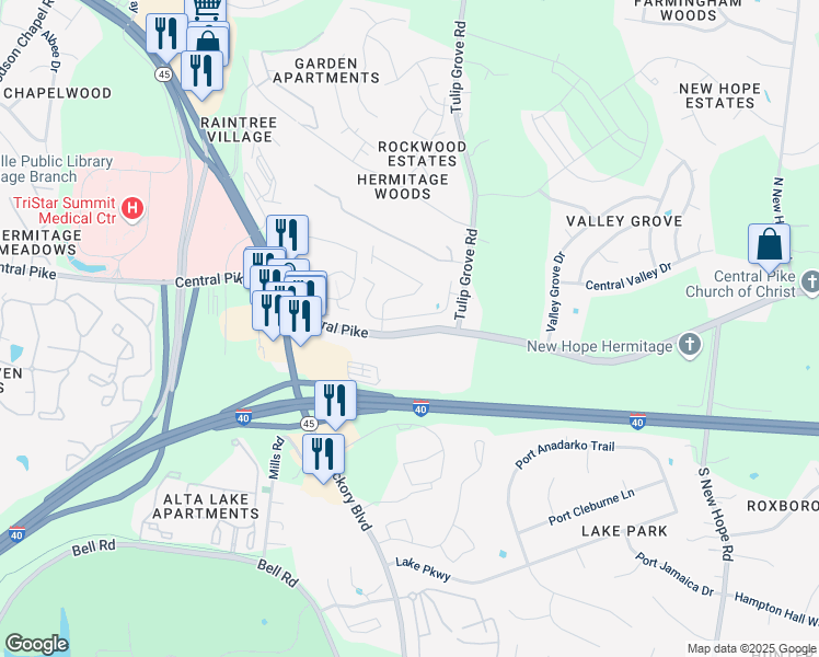 map of restaurants, bars, coffee shops, grocery stores, and more near 4035 Central Pike in Nashville
