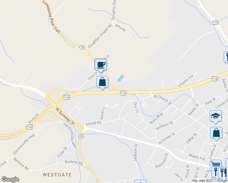 map of restaurants, bars, coffee shops, grocery stores, and more near 0 Highway 70 in Greeneville