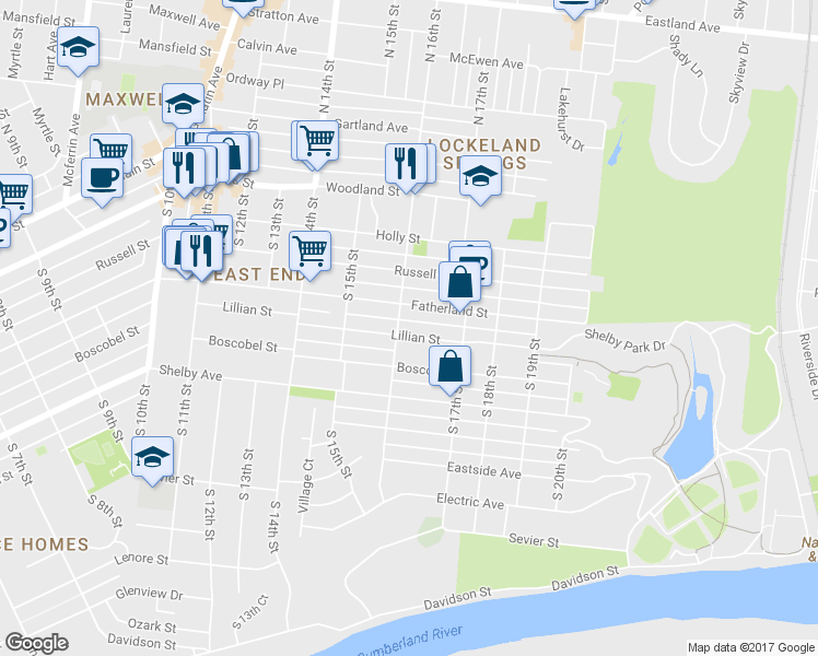 map of restaurants, bars, coffee shops, grocery stores, and more near 1605 Lillian Street in Nashville