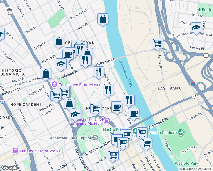 map of restaurants, bars, coffee shops, grocery stores, and more near 210 Stockyard Street in Nashville