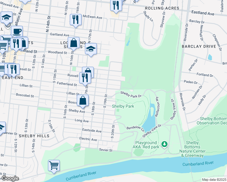 map of restaurants, bars, coffee shops, grocery stores, and more near 1910 Fatherland Street in Nashville