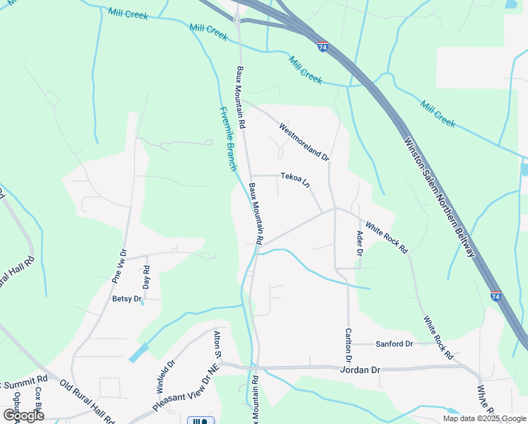 map of restaurants, bars, coffee shops, grocery stores, and more near 4821 Baux Mountain Road in Winston-Salem