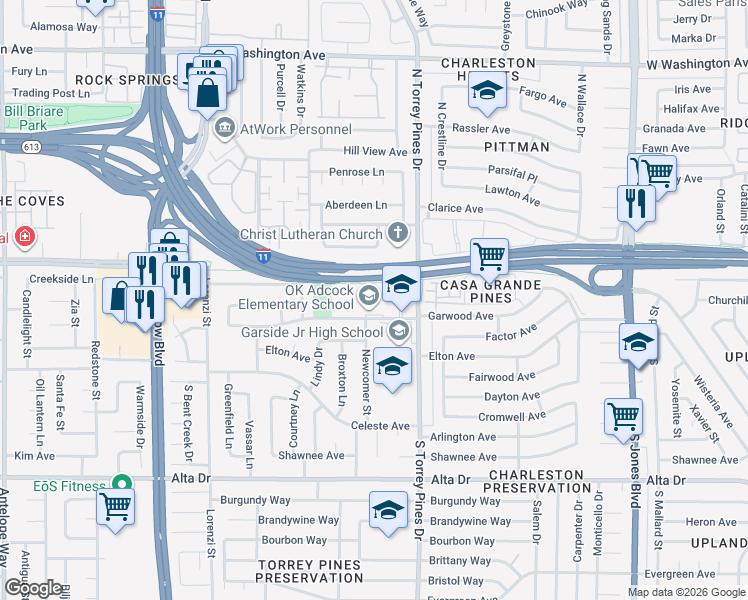 map of restaurants, bars, coffee shops, grocery stores, and more near 6300 Hyde Avenue in Las Vegas